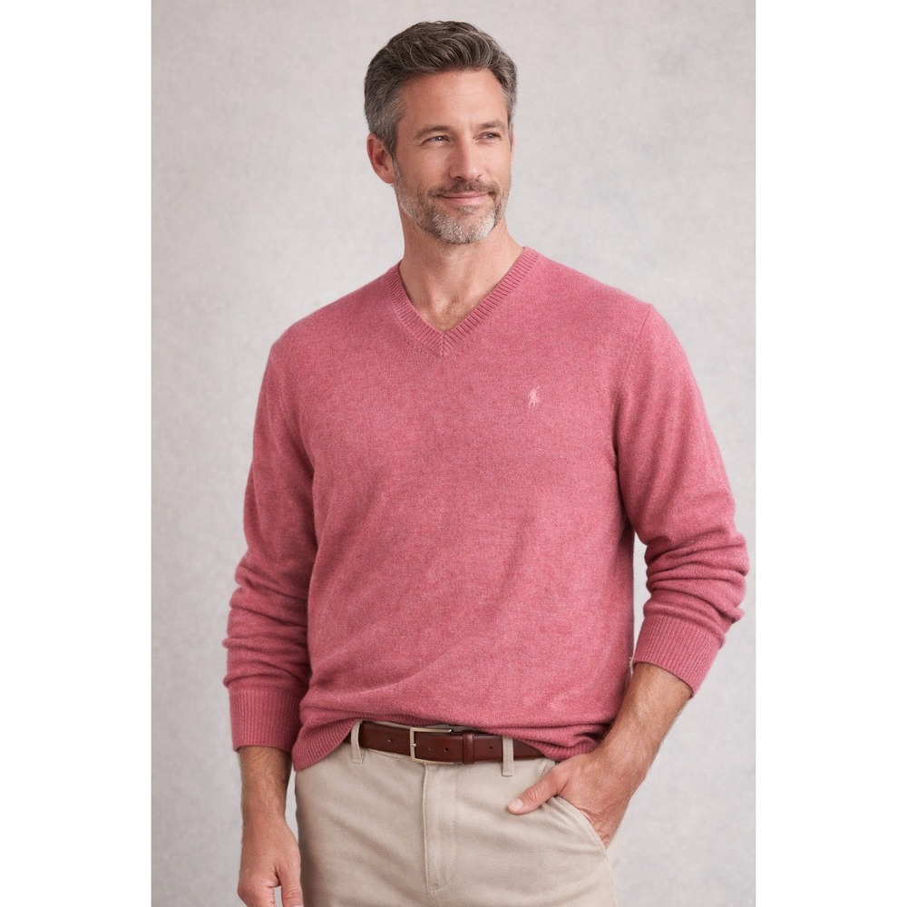 Polo‎ Golf Ralph Lauren Men's Merino Wool V-Neck Sweater Coral Sz L Retro Preppy